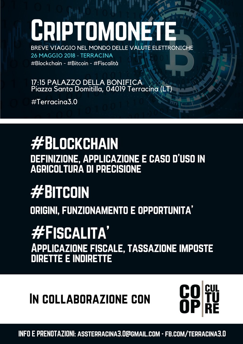 Blockchain: definizione, applicazione e caso d'uso in agricoltura di precisione (Gaetano Petruzzello, Data Scientist), Bitcoin: origini, funzionamento e opportunità (Simone Parisella, collaboratore CRST), Applicazione fiscale: tassazione imposte dirette e indirette (Silviano Altobelli, Consulente fiscale e aziendale)